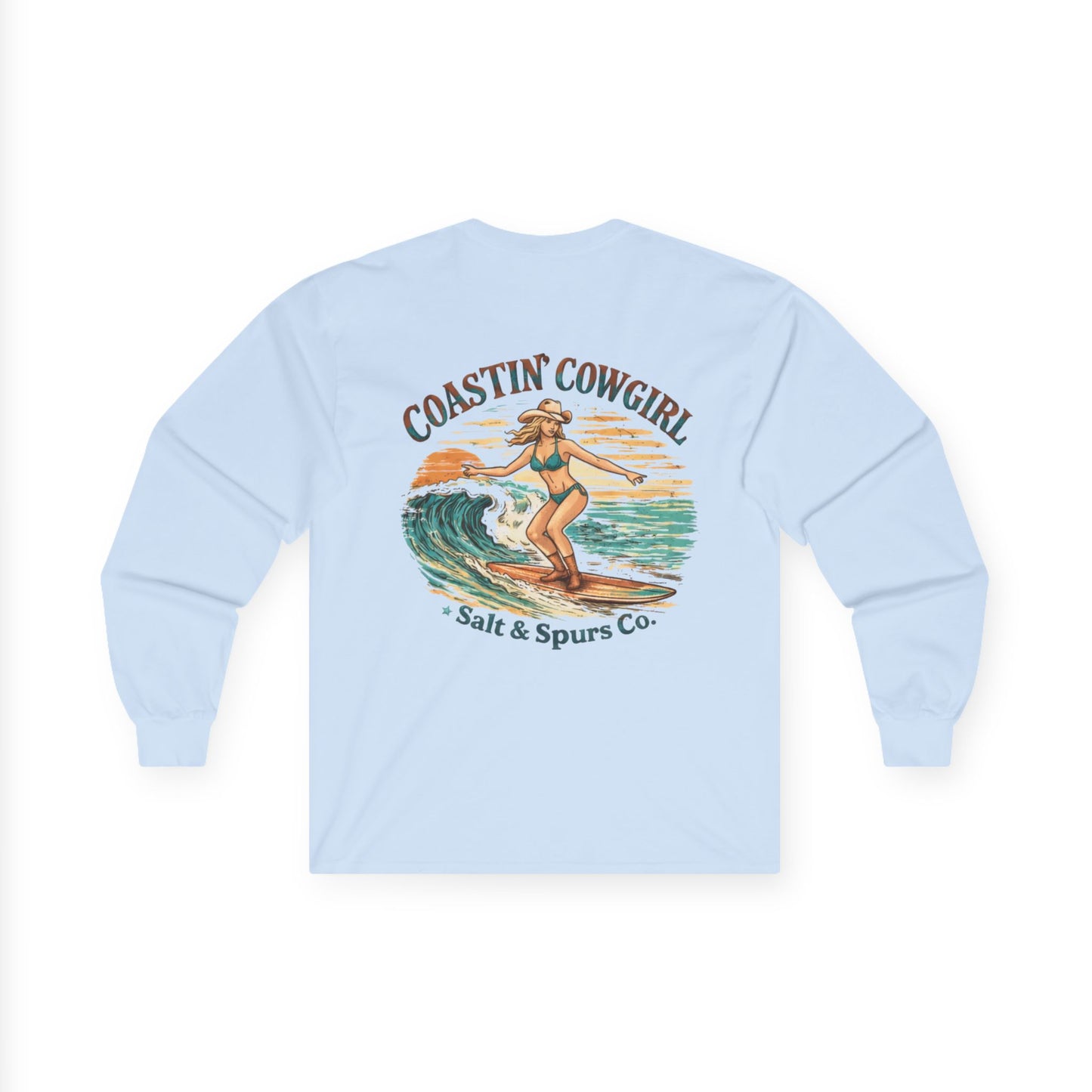 Coastin' Cowgirl Long Sleeve Tee — Surfing Cowgirl Beach Graphic