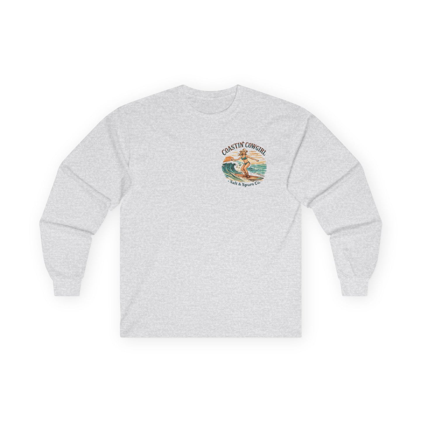 Coastin' Cowgirl Long Sleeve Tee — Surfing Cowgirl Beach Graphic