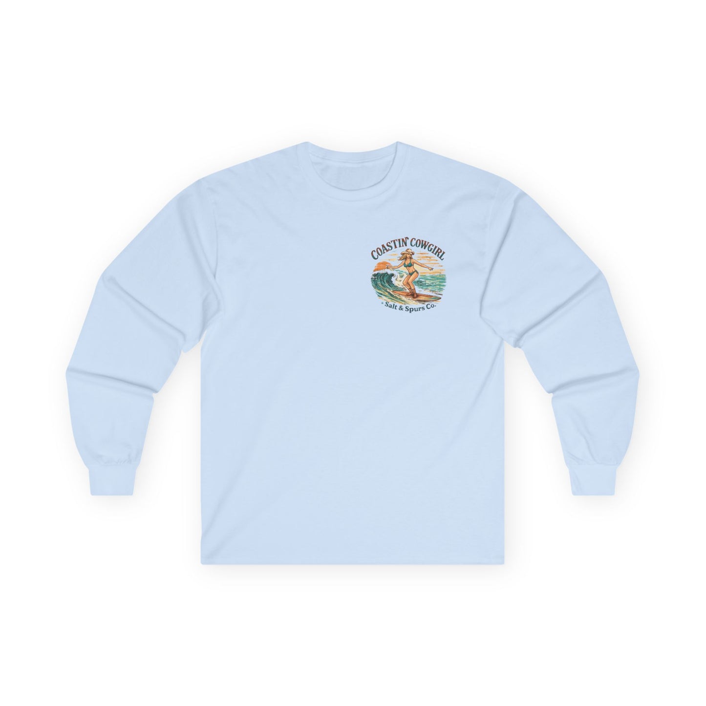 Coastin' Cowgirl Long Sleeve Tee — Surfing Cowgirl Beach Graphic