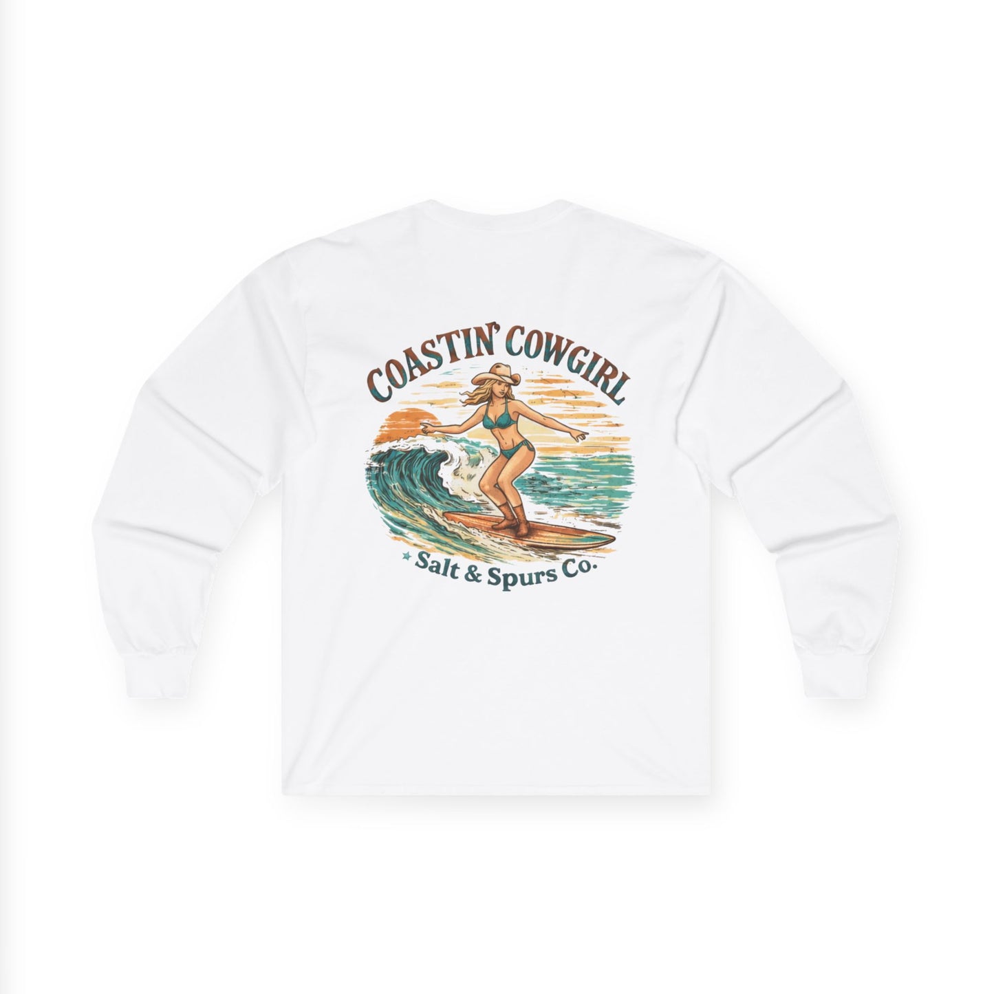 Coastin' Cowgirl Long Sleeve Tee — Surfing Cowgirl Beach Graphic