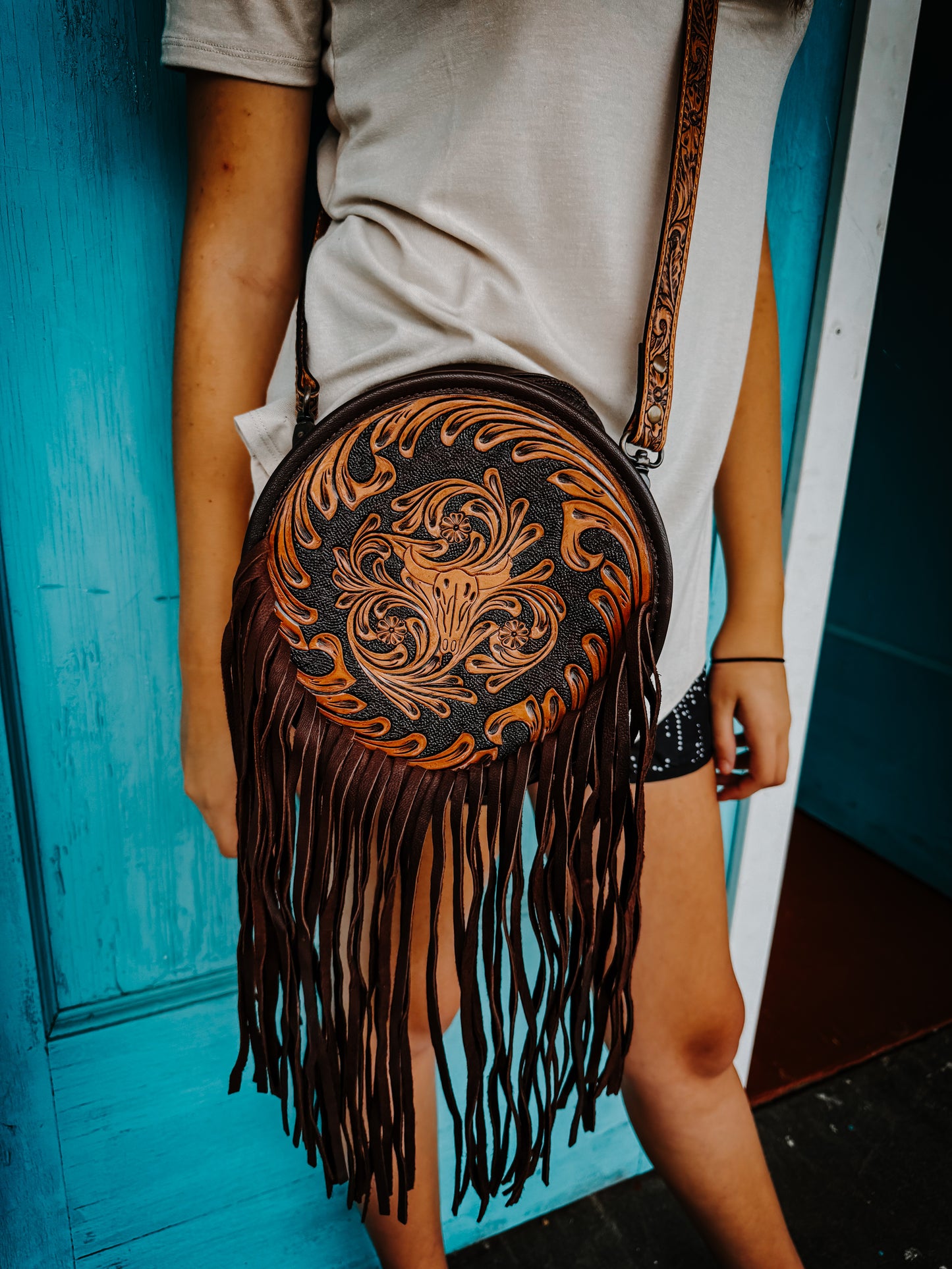Bull skull tooled leather purse