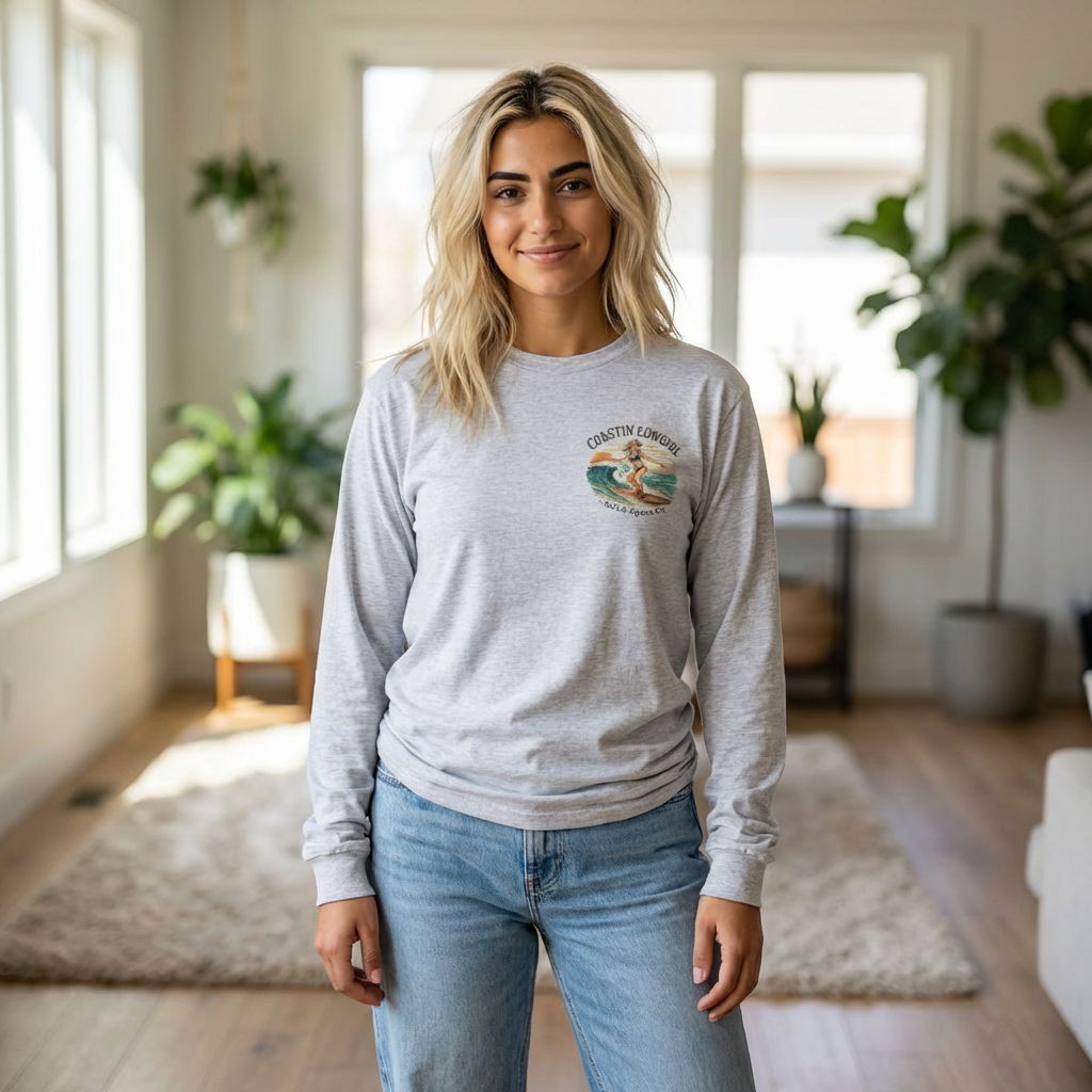 Coastin' Cowgirl Long Sleeve Tee — Surfing Cowgirl Beach Graphic