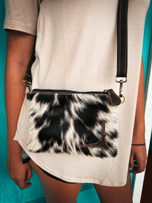Fuzzy cowhide bull head purse