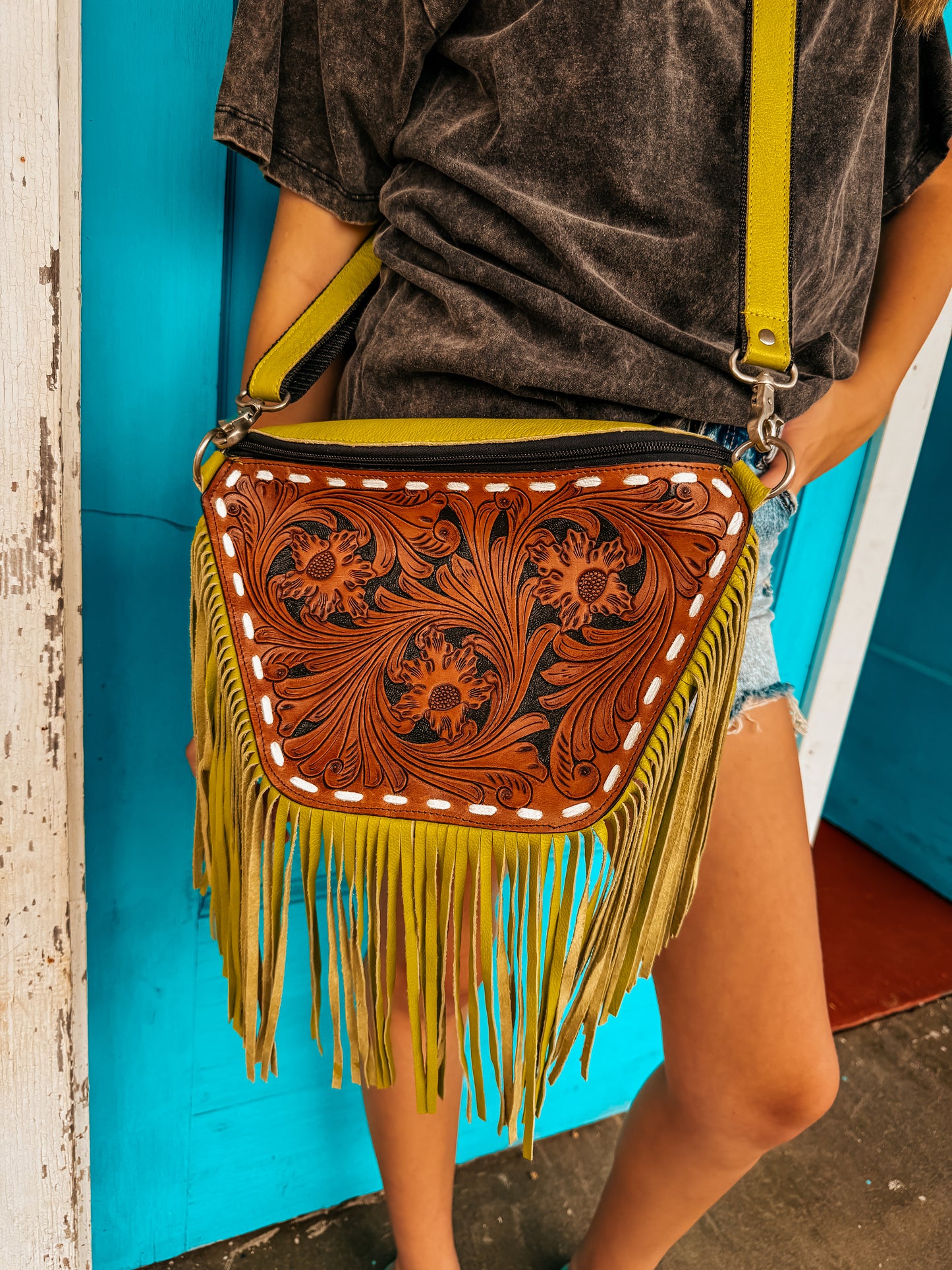 Green leather tooled purse