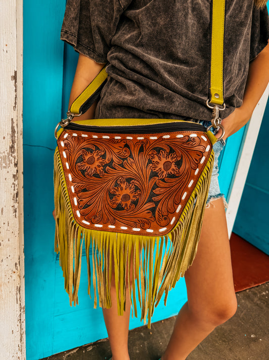 Green leather tooled purse