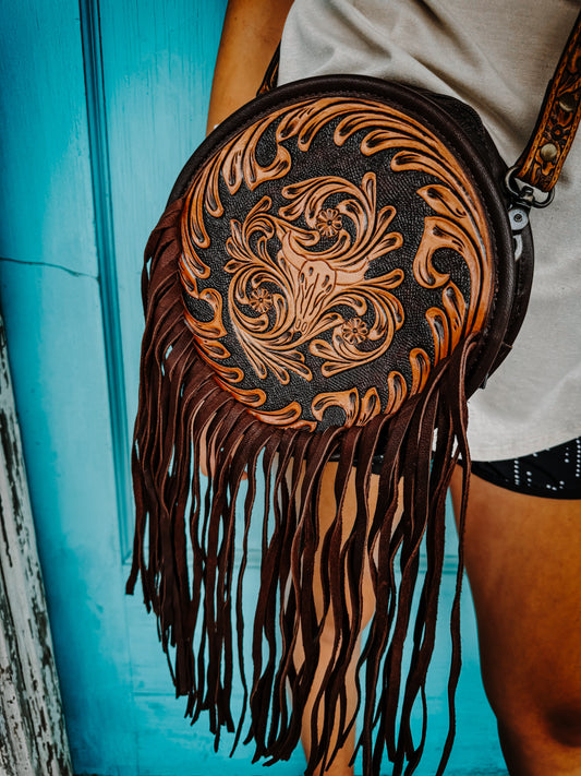 Bull skull tooled leather purse