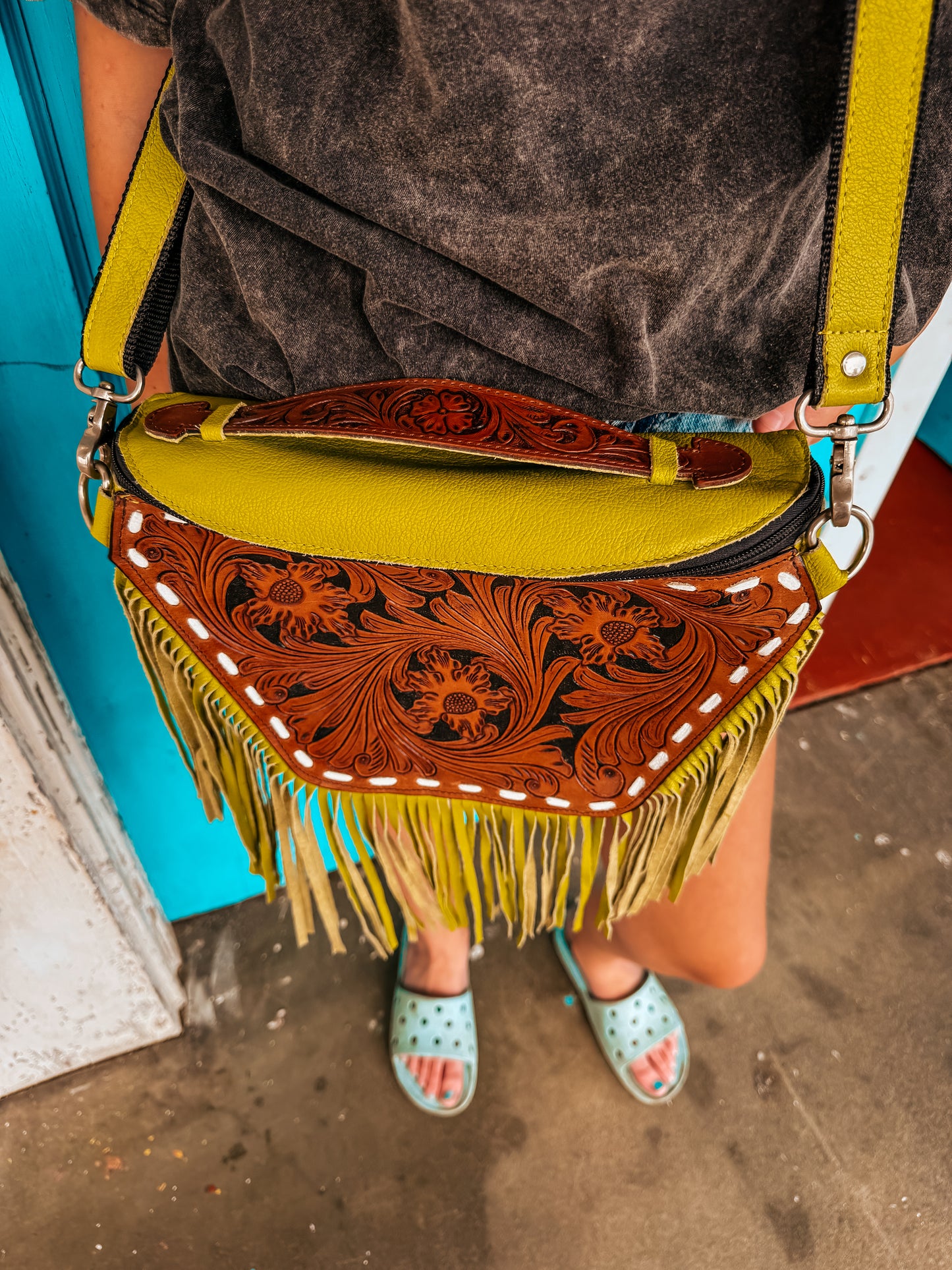 Green leather tooled purse