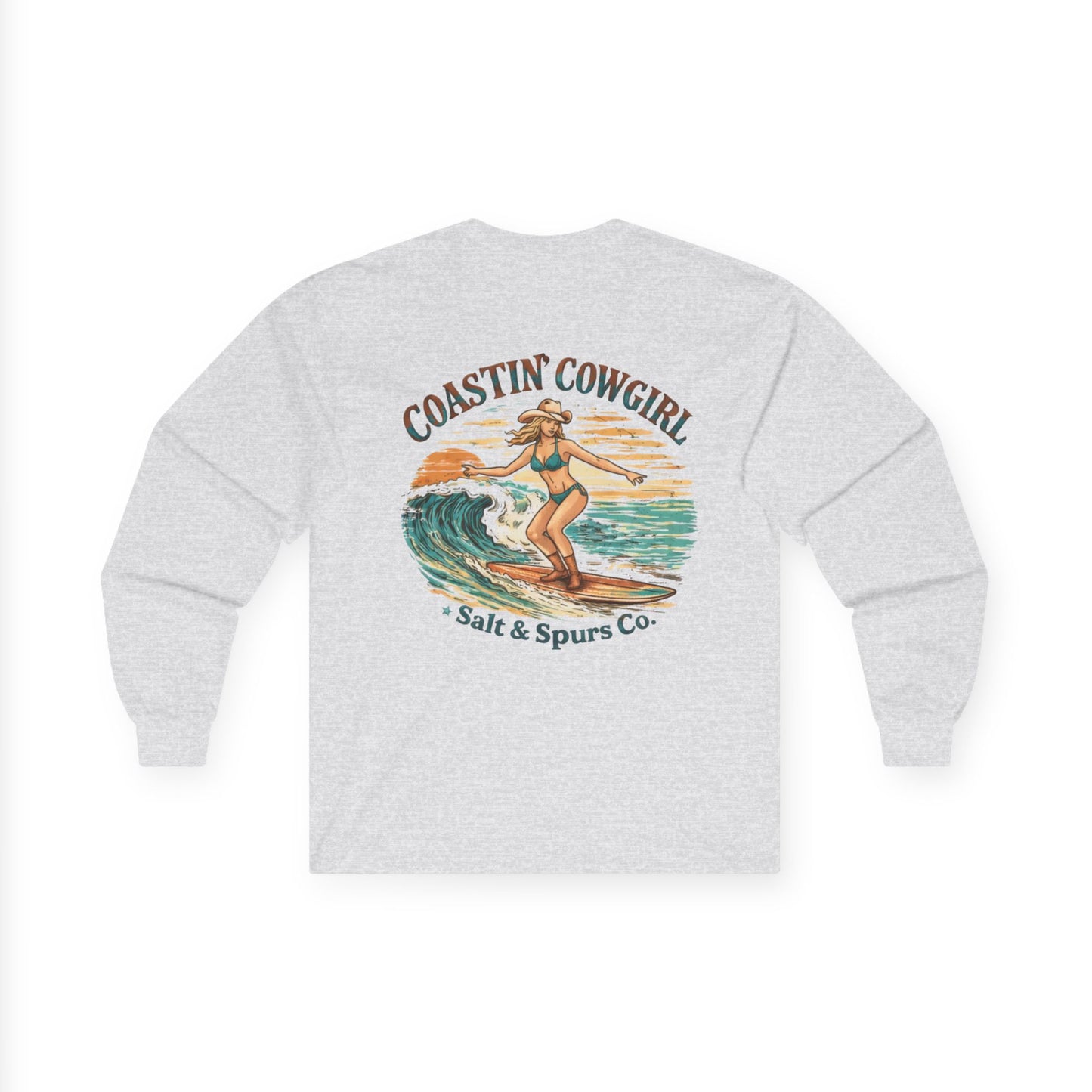 Coastin' Cowgirl Long Sleeve Tee — Surfing Cowgirl Beach Graphic