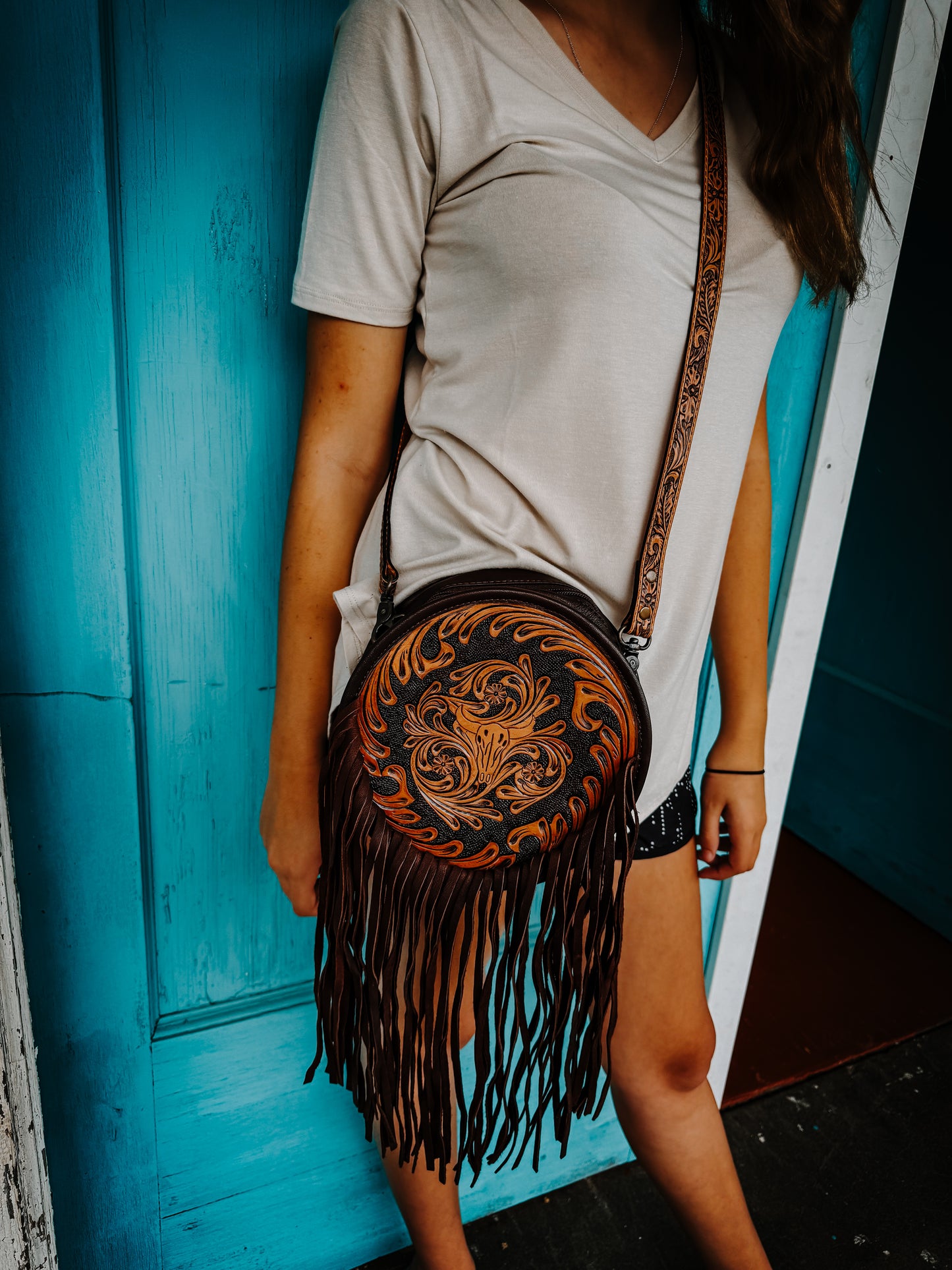 Bull skull tooled leather purse