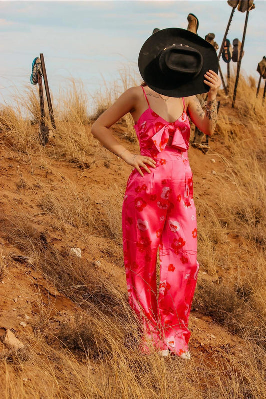 Pink silk floral jumpsuit